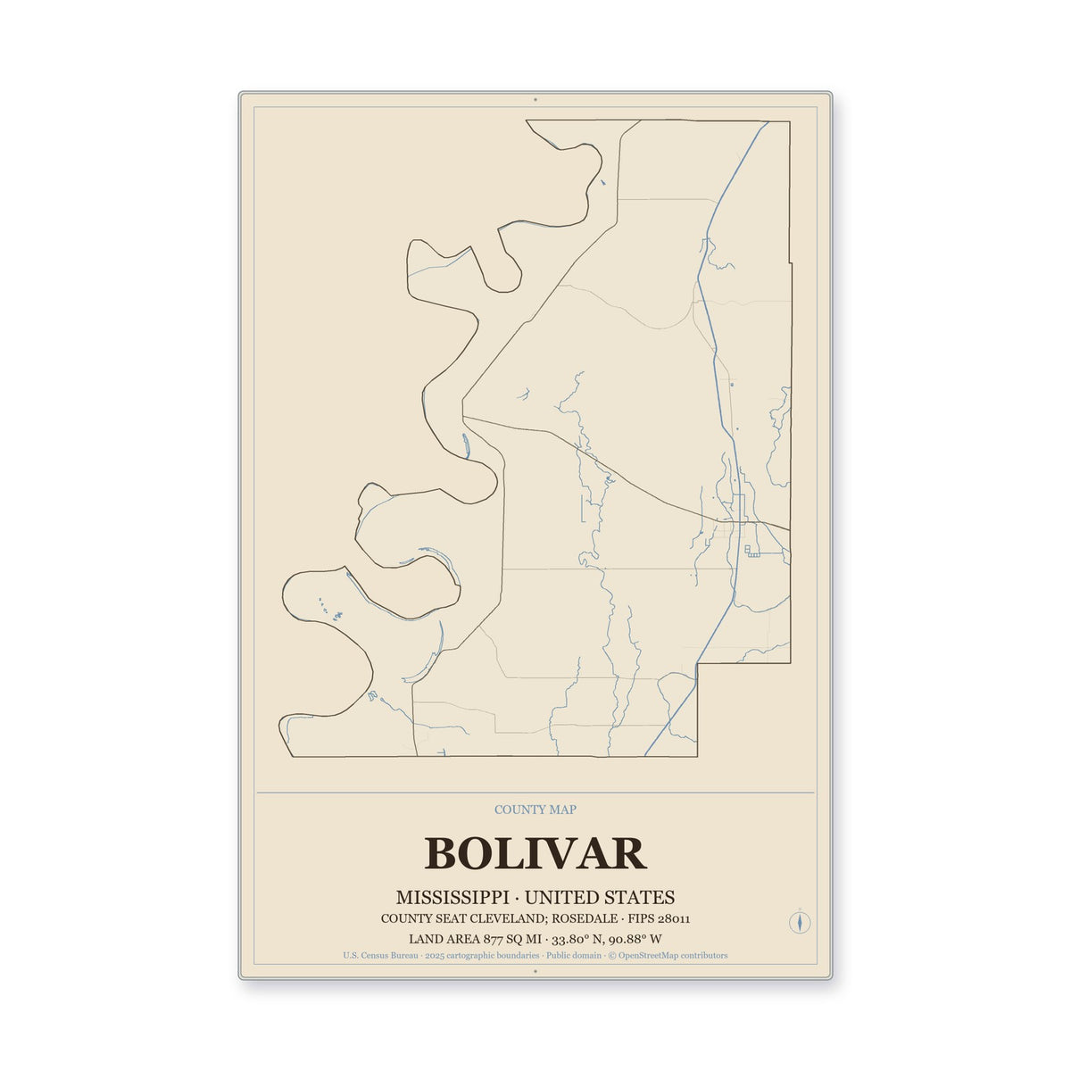 Bolivar County, Mississippi Map Aluminum Sign in Heritage Nautical style