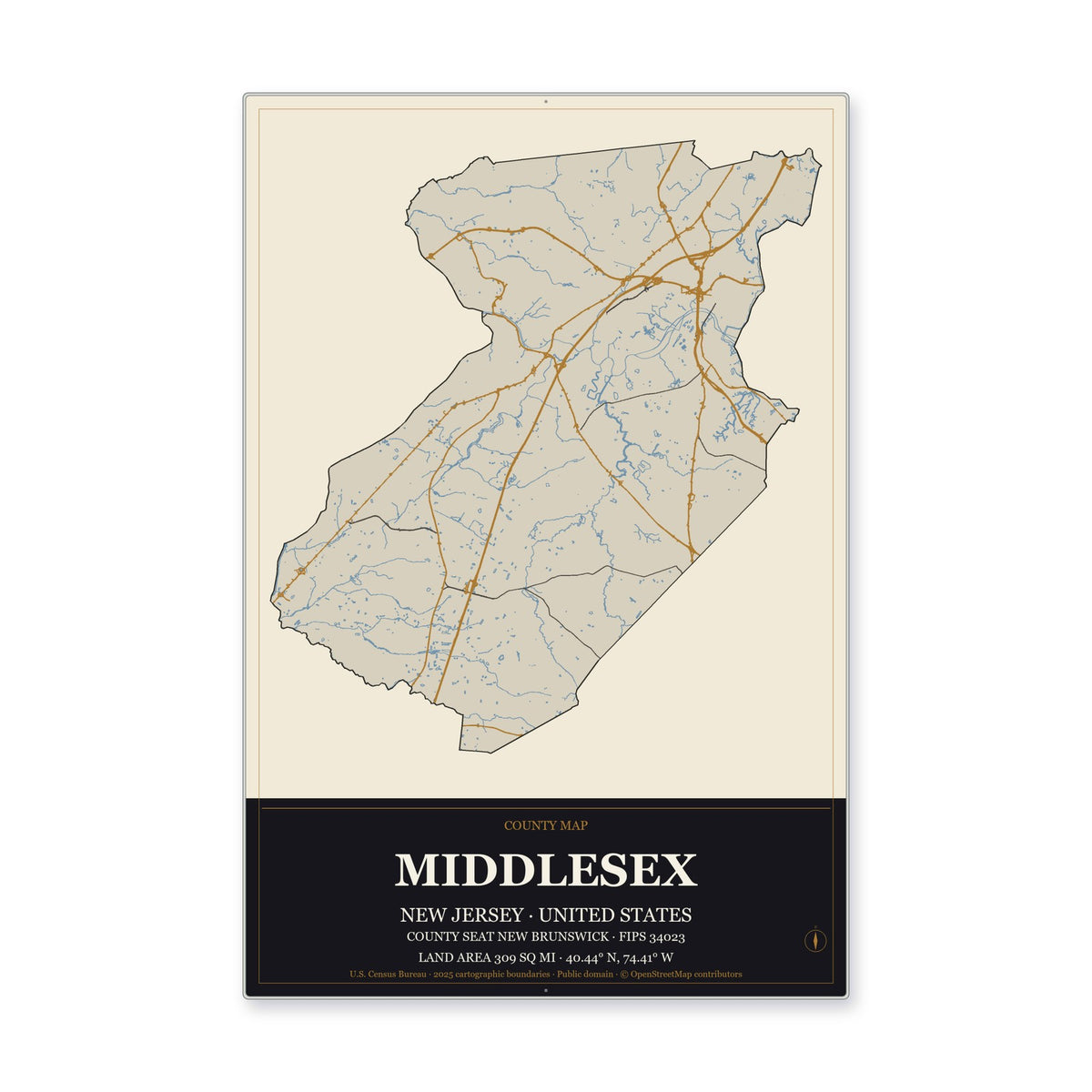 Middlesex County, New Jersey Map Aluminum Sign in Museum Plaque style