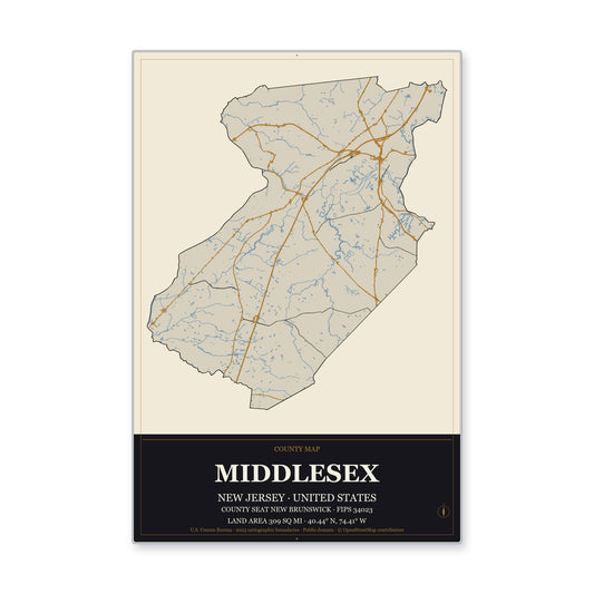 Middlesex County, New Jersey Map Aluminum Sign in Museum Plaque style
