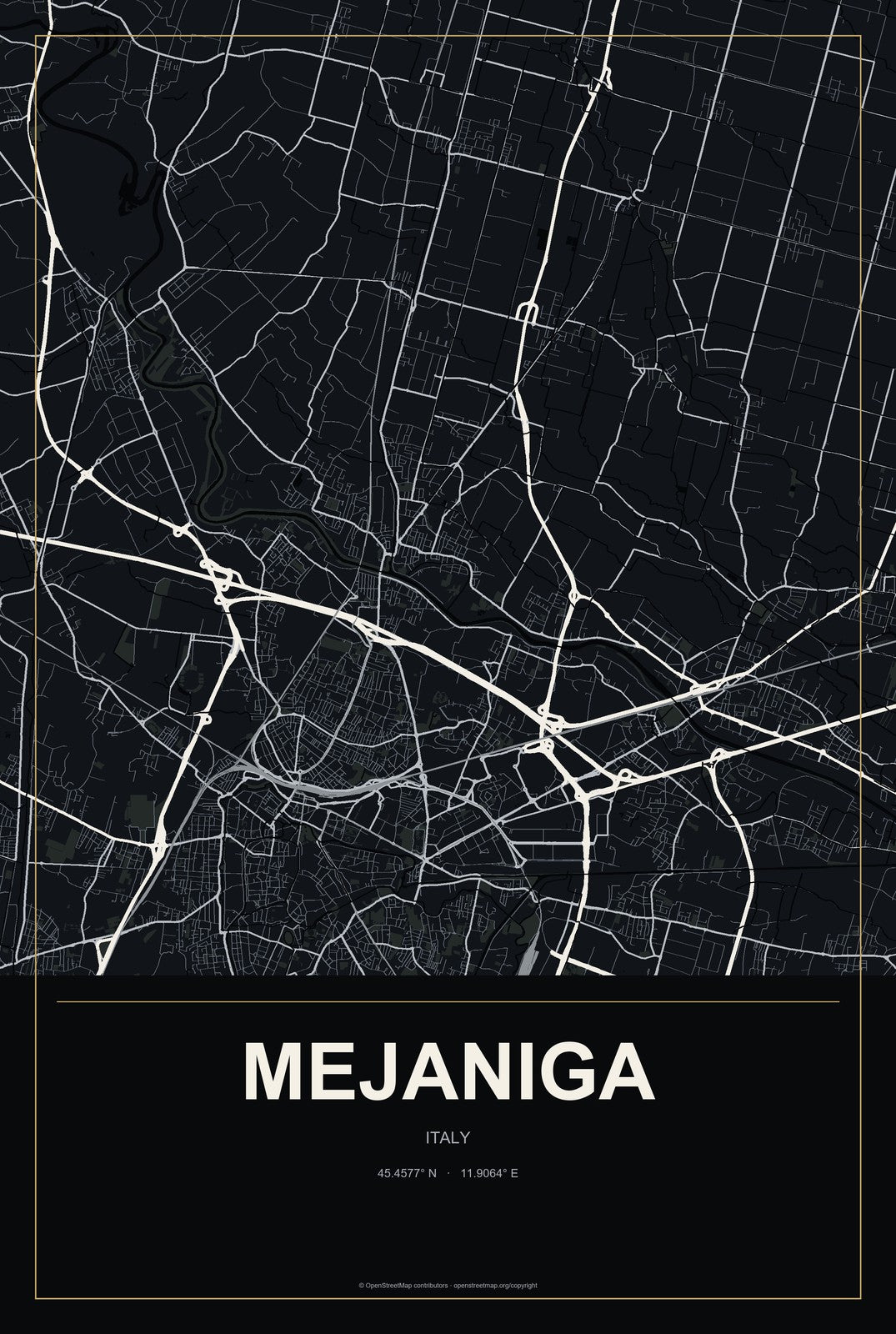 Mejaniga, Italy City Map Aluminum Sign in Metropolitan Noir style