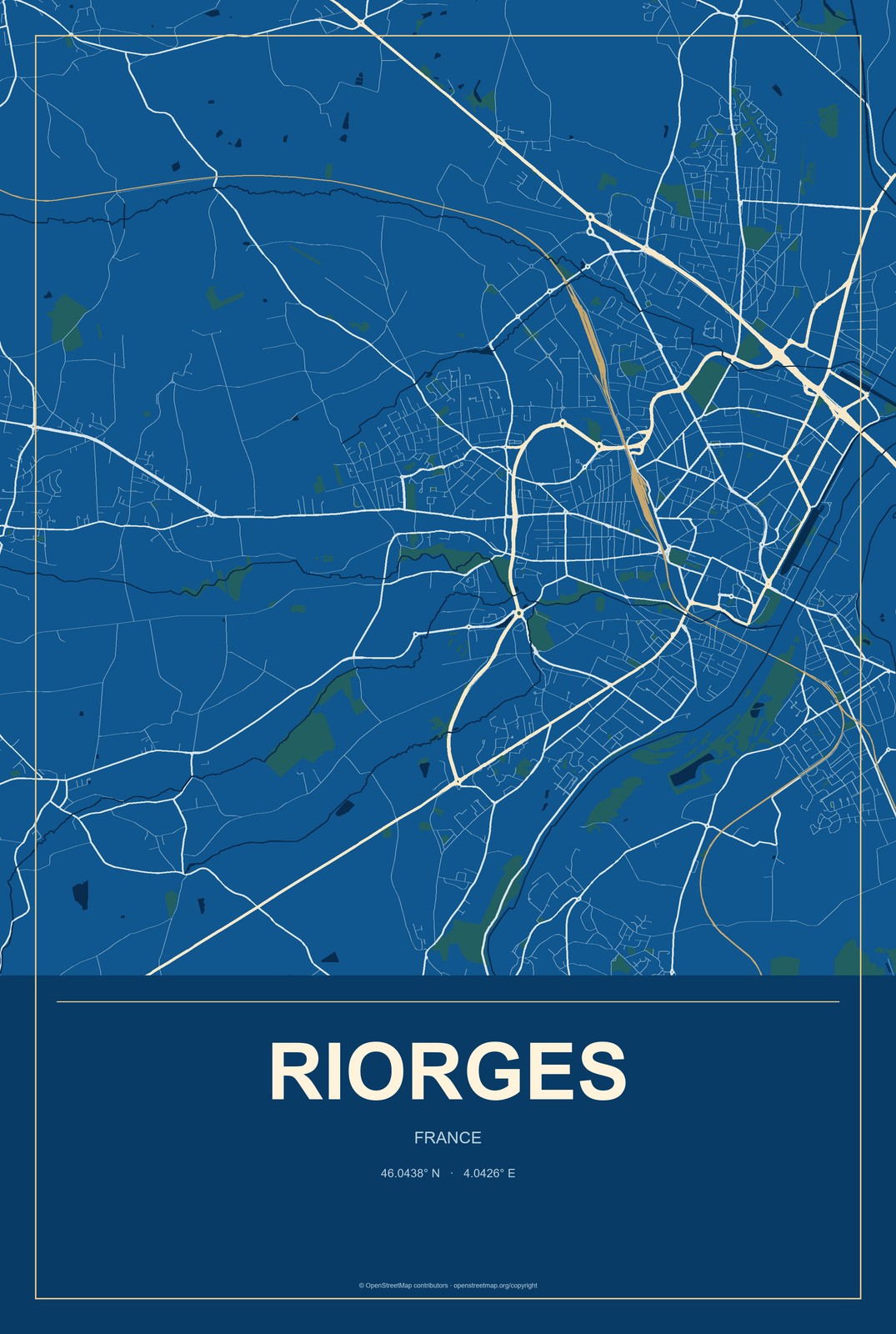 Riorges, France City Map Aluminum Sign in Harbor Cobalt style