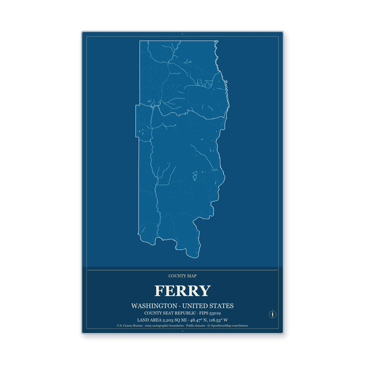 Ferry County, Washington Map Aluminum Sign in Harbor Cobalt style