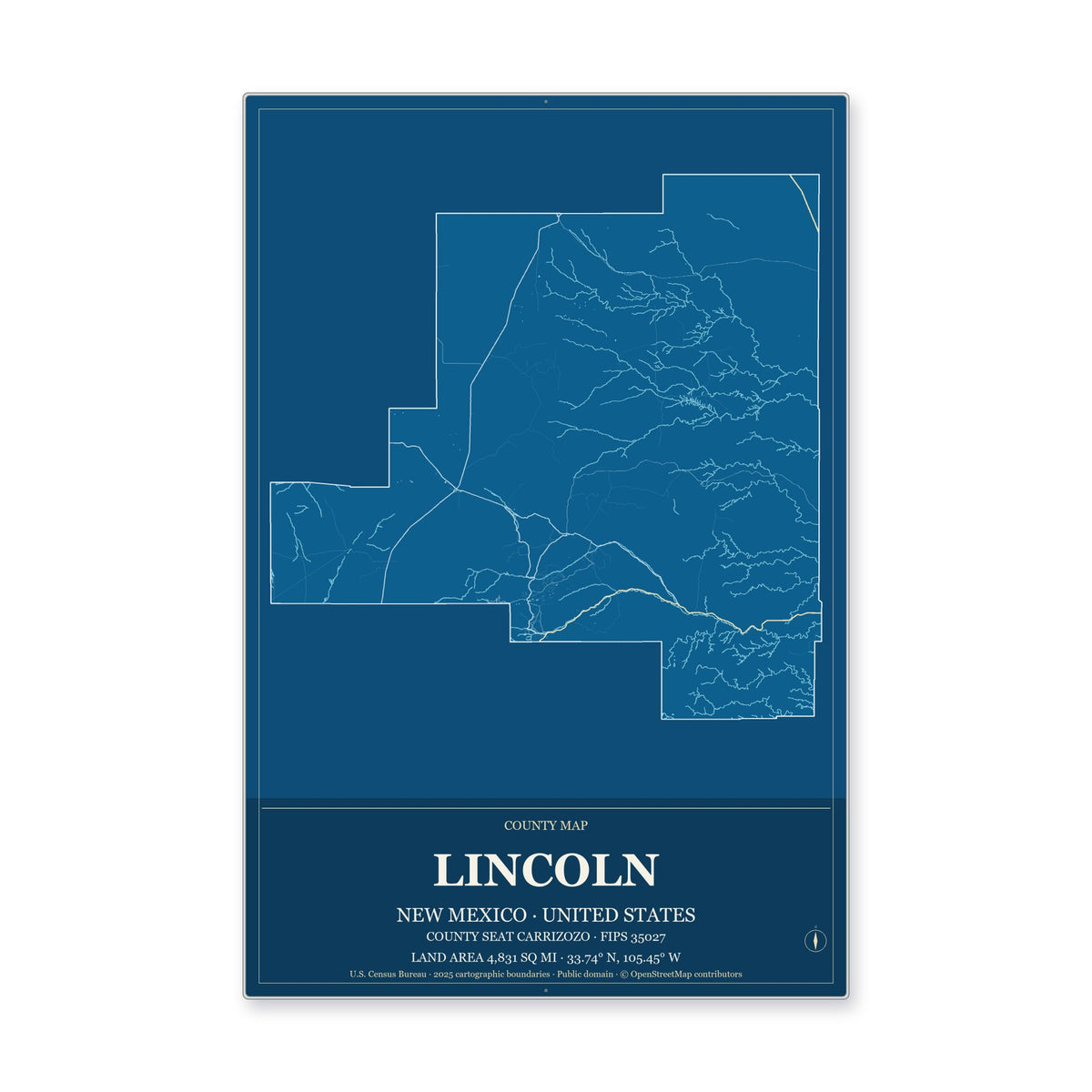 Lincoln County, New Mexico Map Aluminum Sign in Harbor Cobalt style