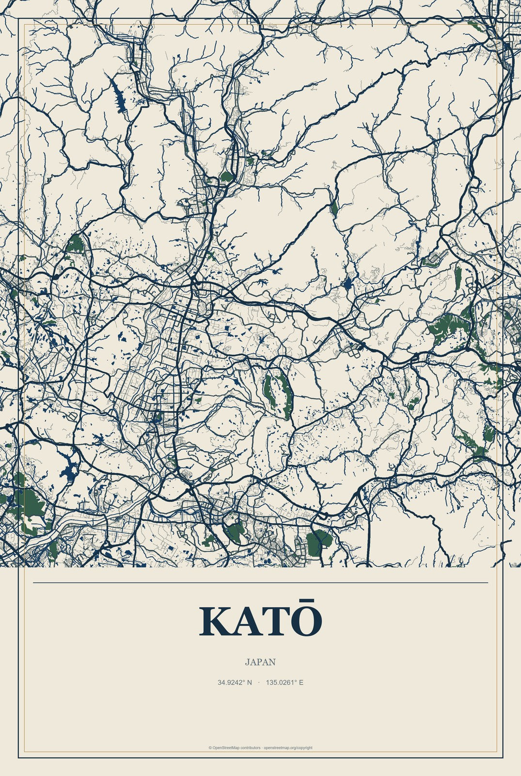Katō, Japan City Map Aluminum Sign in Coastal Cutout style