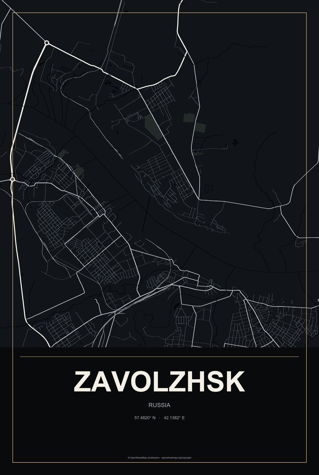 Zavolzhsk, Russia City Map Aluminum Sign in Metropolitan Noir style