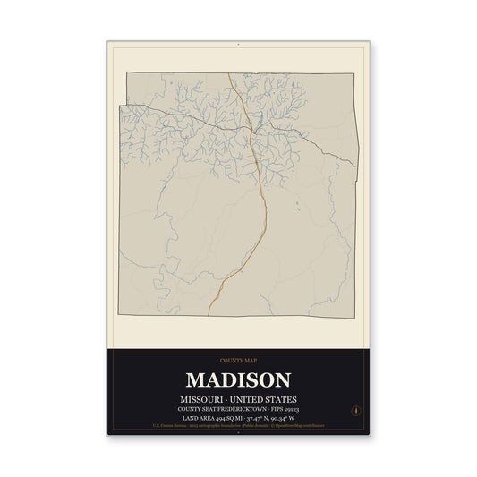 Madison County, Missouri Map Aluminum Sign in Museum Plaque style