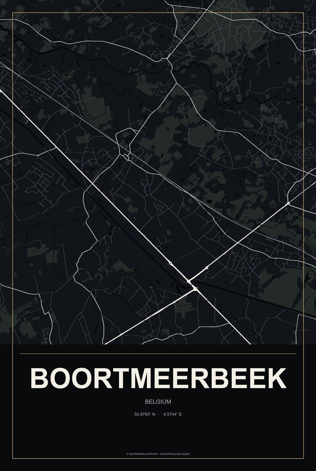 Boortmeerbeek, Belgium City Map Aluminum Sign in Metropolitan Noir style