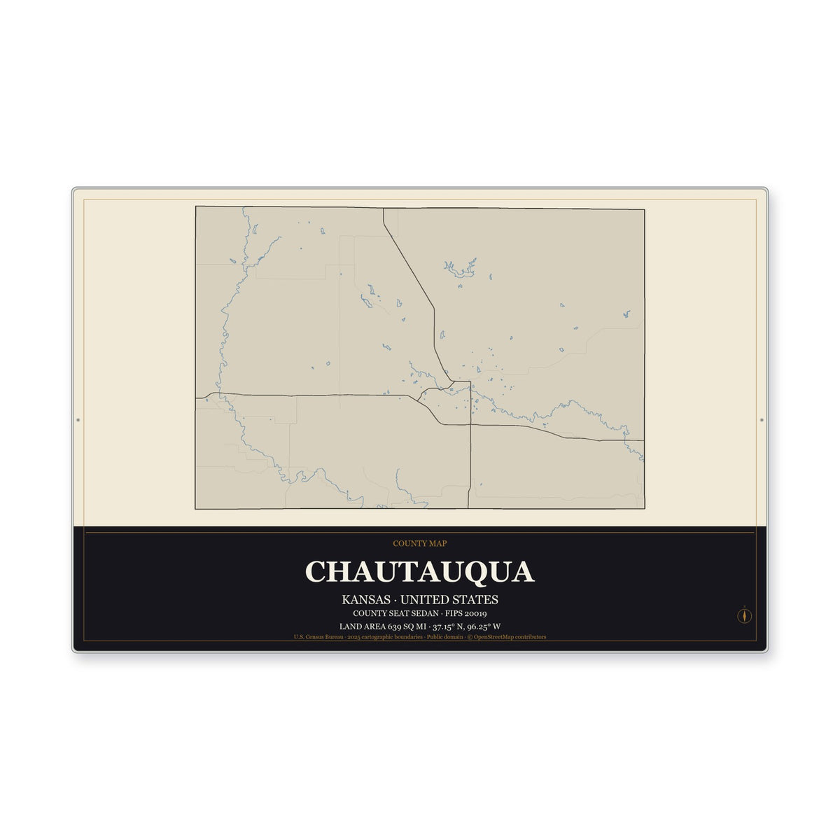 Chautauqua County, Kansas Map Aluminum Sign in Museum Plaque style