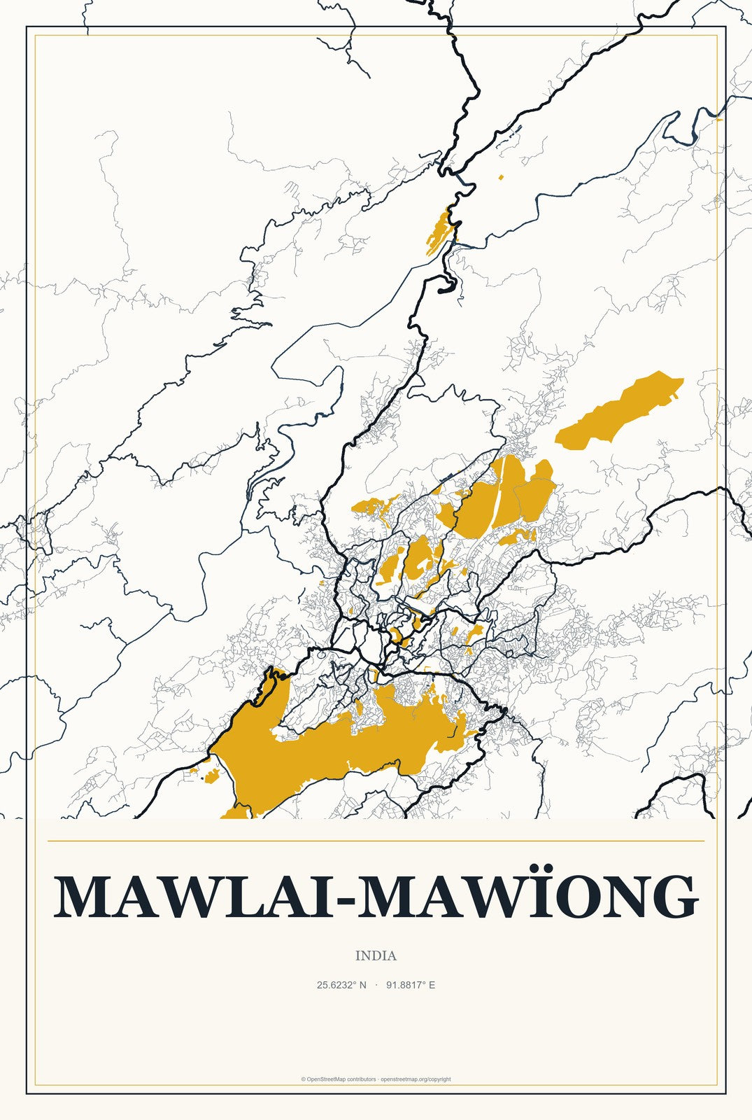 Mawlai-Mawïong, India City Map Aluminum Sign in Citrine Modern style