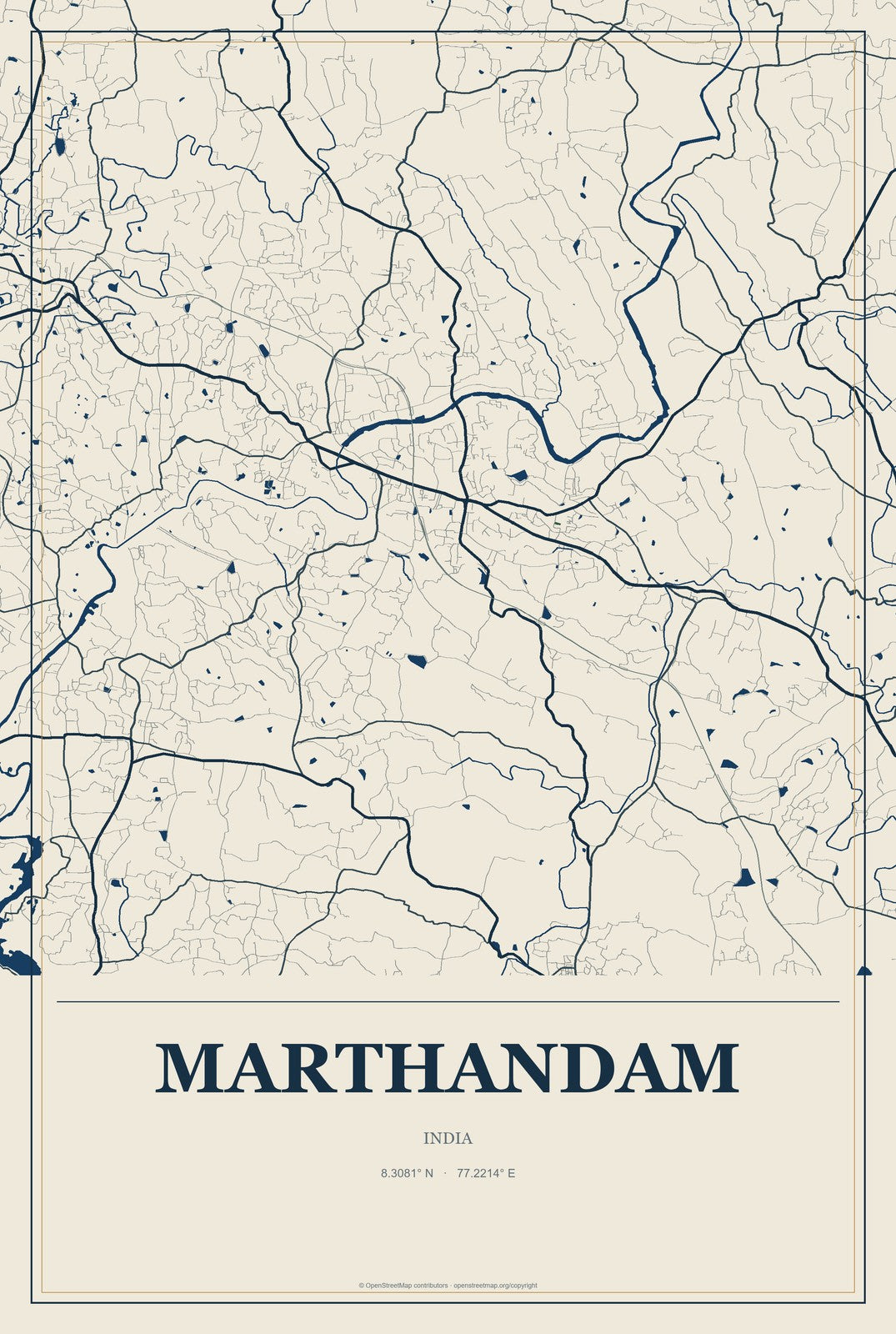 Marthandam, India City Map Aluminum Sign in Coastal Cutout style