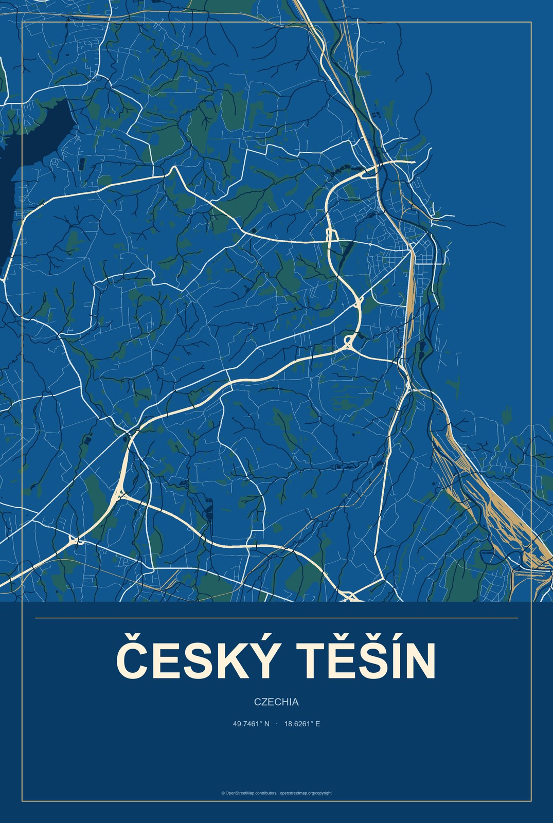 Český Těšín, Czechia City Map Aluminum Sign in Harbor Cobalt style