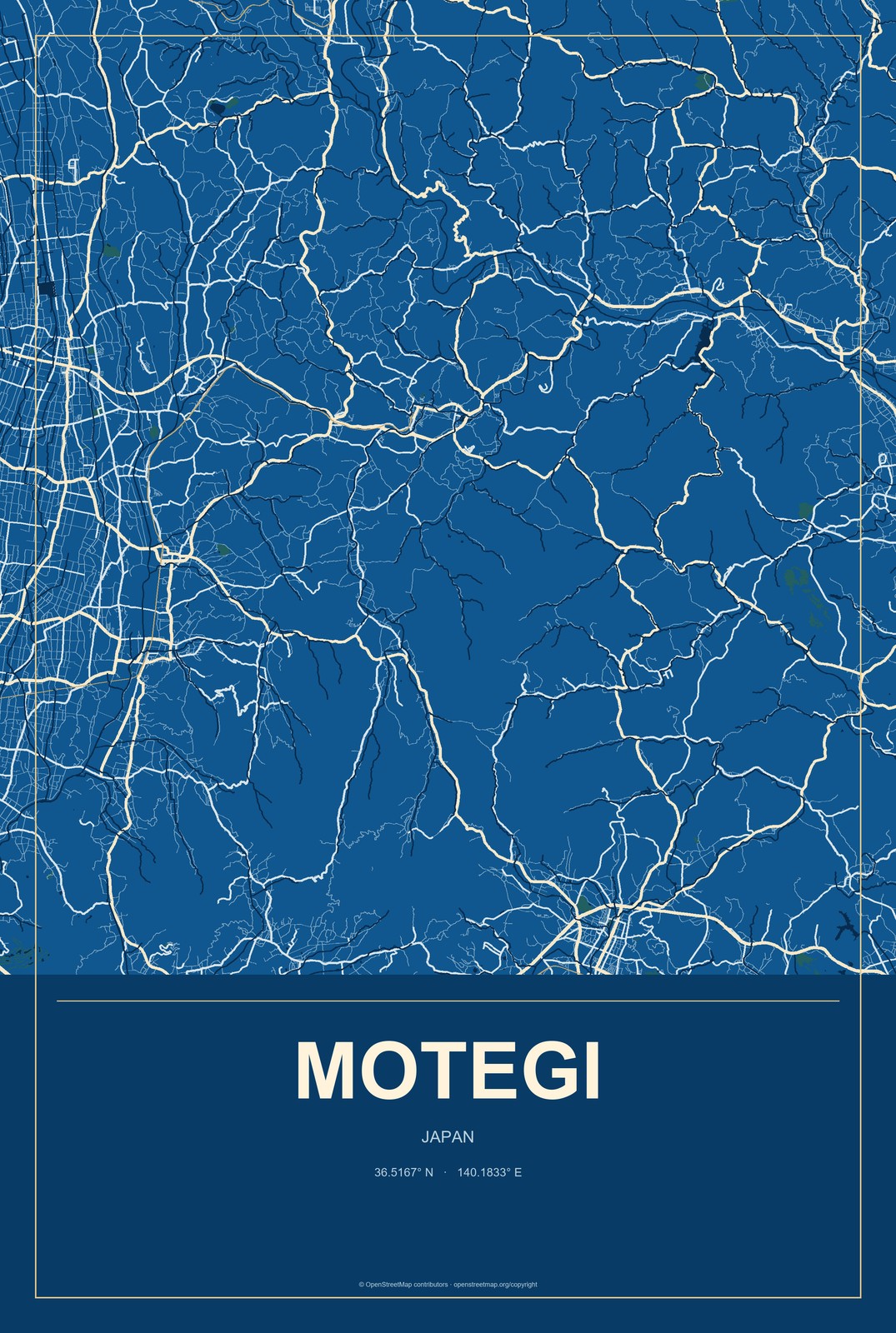 Motegi, Japan City Map Aluminum Sign in Harbor Cobalt style