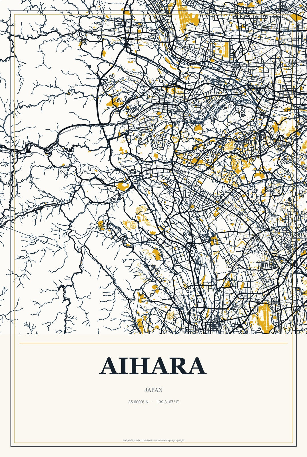 Aihara, Japan City Map Aluminum Sign in Citrine Modern style