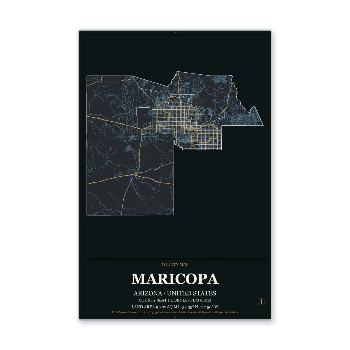 Maricopa County, Arizona Map Aluminum Sign in Metropolitan Noir style