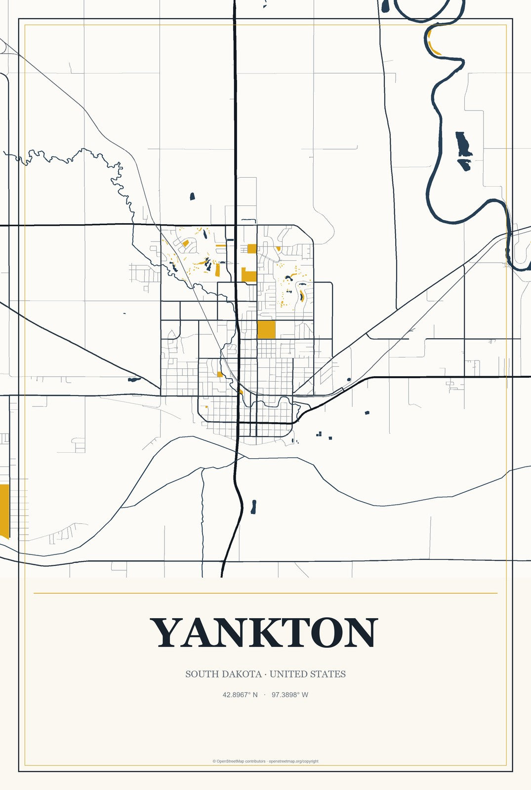 Yankton, South Dakota City Map Aluminum Sign in Citrine Modern style