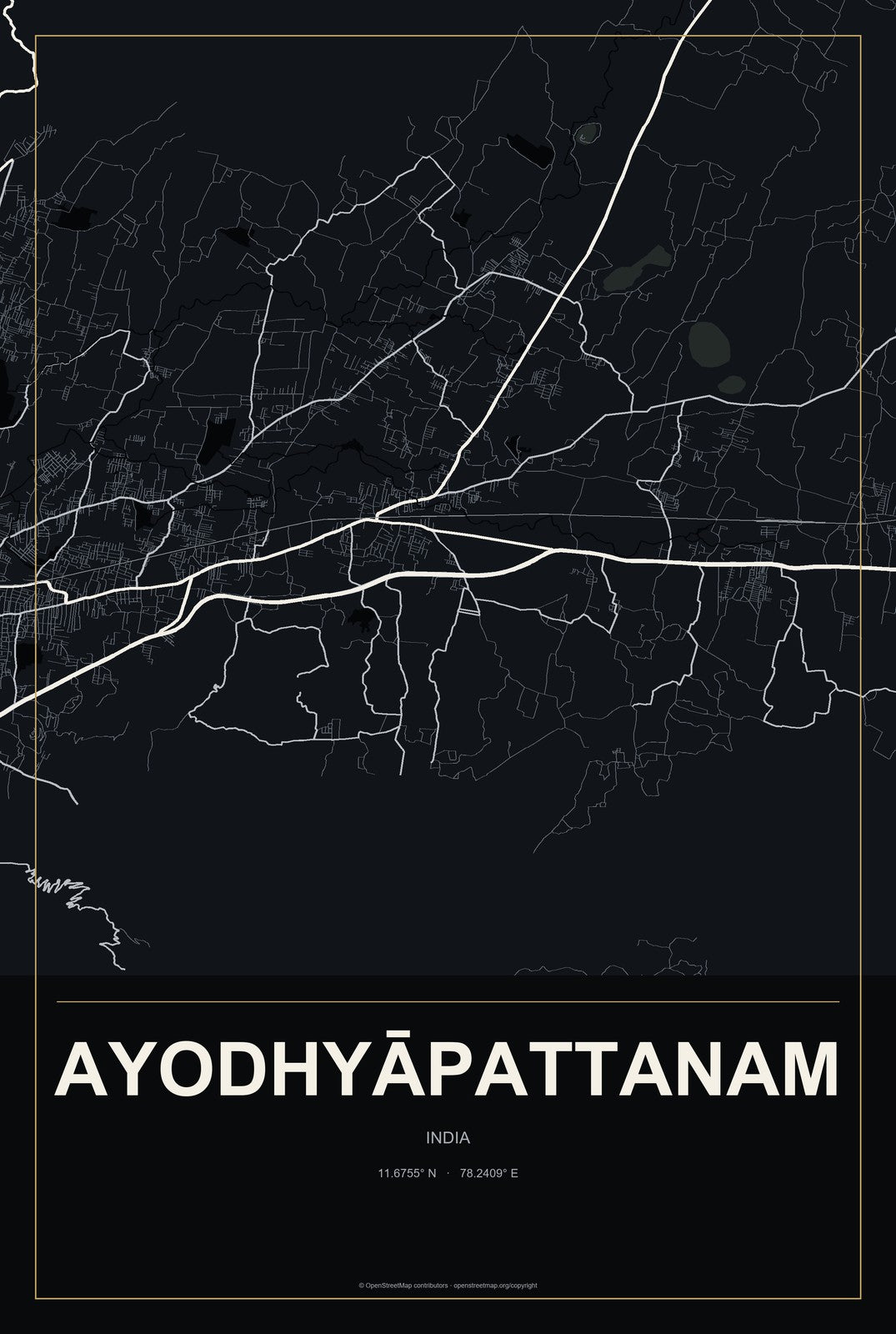Ayodhyāpattanam, India City Map Aluminum Sign in Metropolitan Noir style