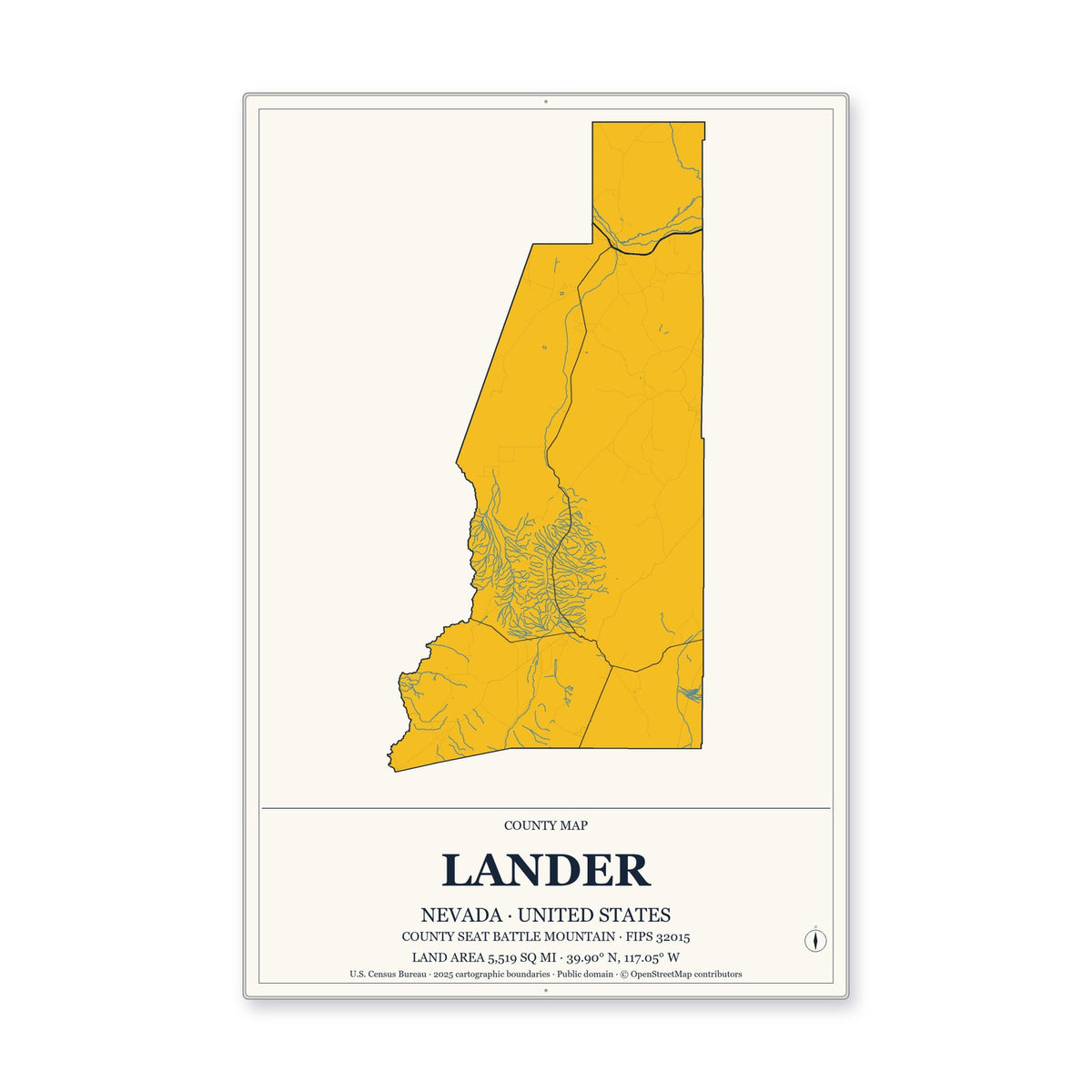 Lander County, Nevada Map Aluminum Sign in Citrine Modern style