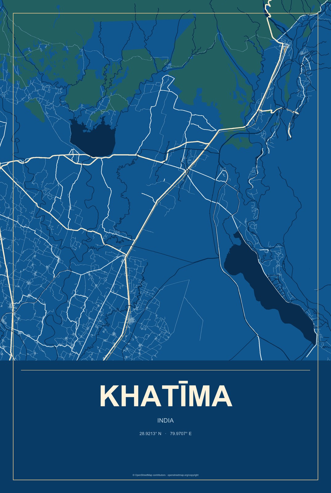 Khatīma, India City Map Aluminum Sign in Harbor Cobalt style