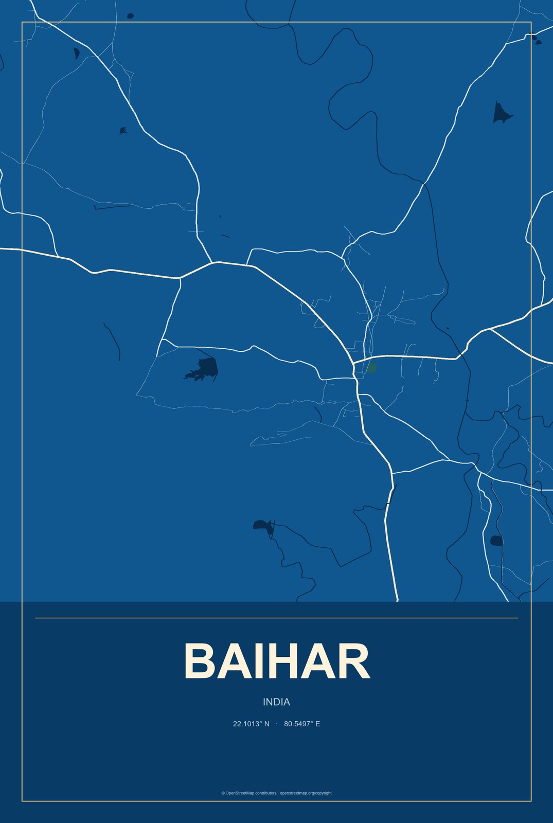 Baihar, India City Map Aluminum Sign in Harbor Cobalt style