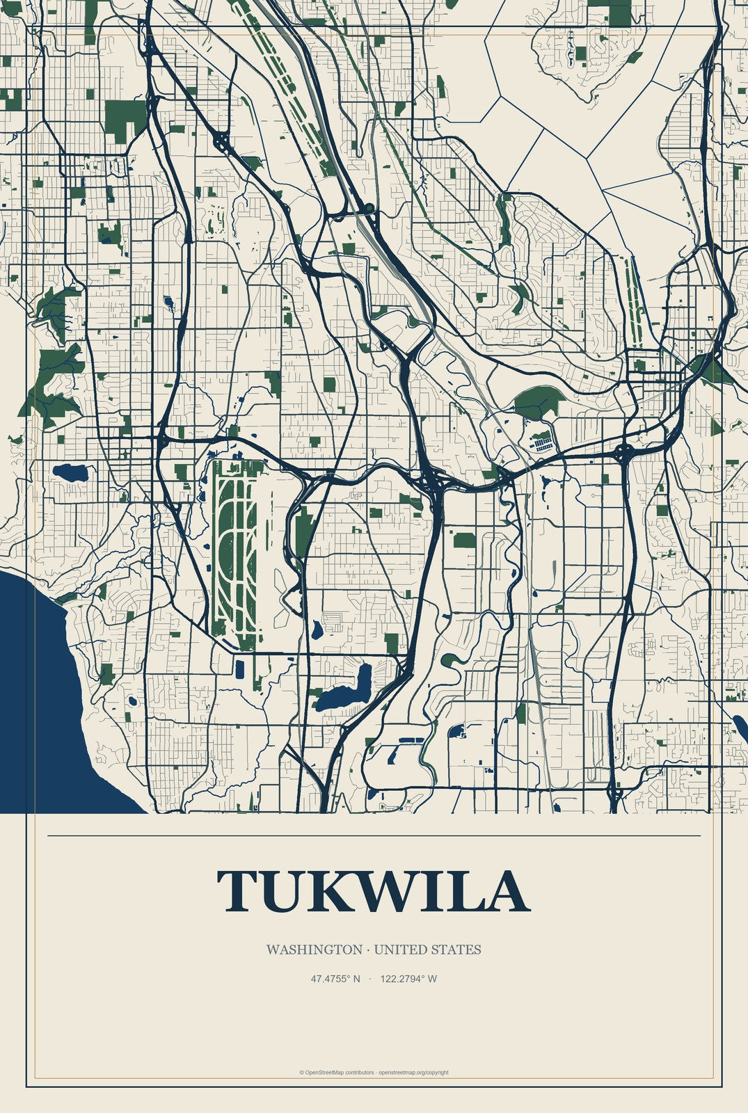 Tukwila, Washington City Map Aluminum Sign in Coastal Cutout style