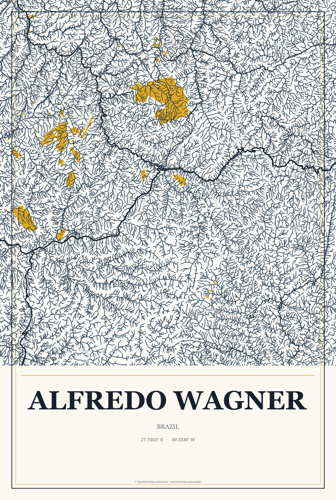 Alfredo Wagner, Brazil City Map Aluminum Sign in Citrine Modern style