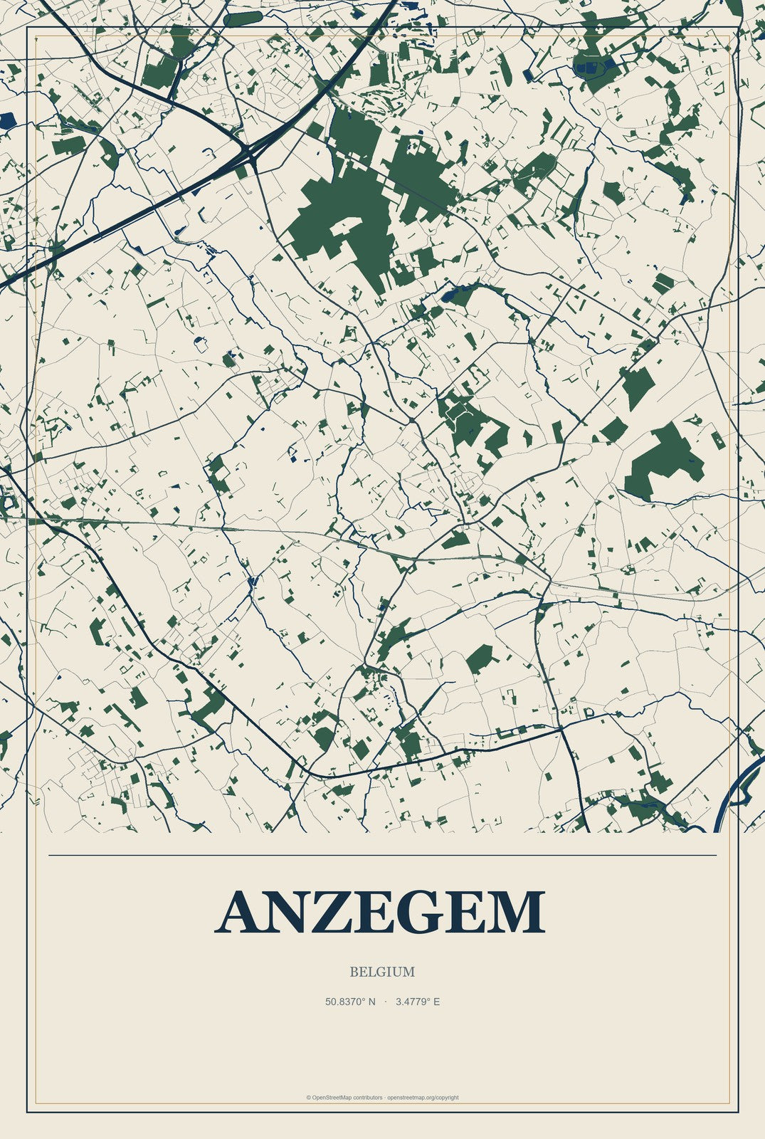 Anzegem, Belgium City Map Aluminum Sign in Coastal Cutout style