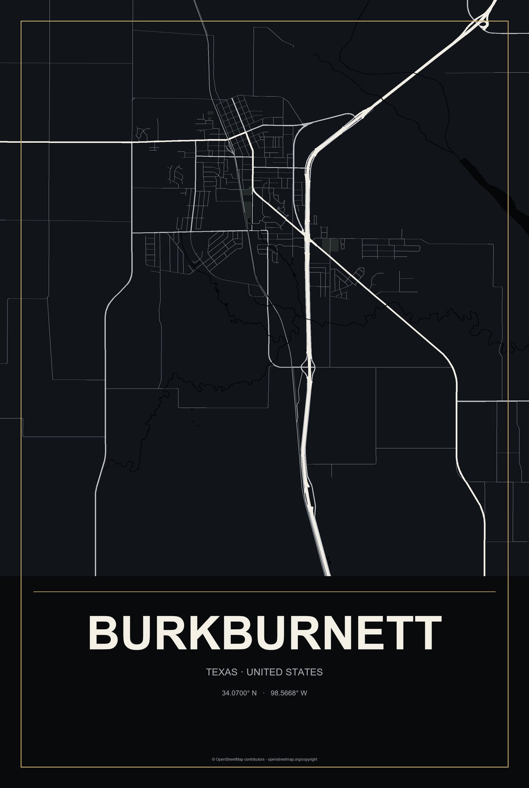 Burkburnett, Texas City Map Aluminum Sign in Metropolitan Noir style