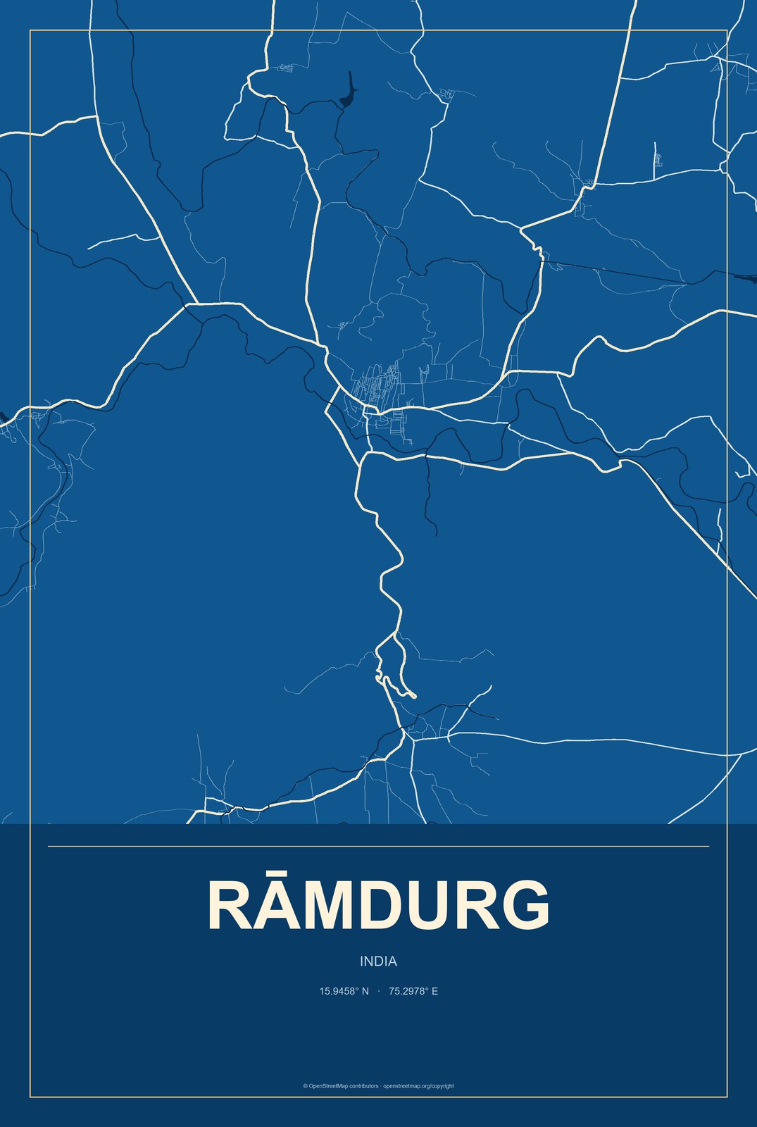 Rāmdurg, India City Map Aluminum Sign in Harbor Cobalt style