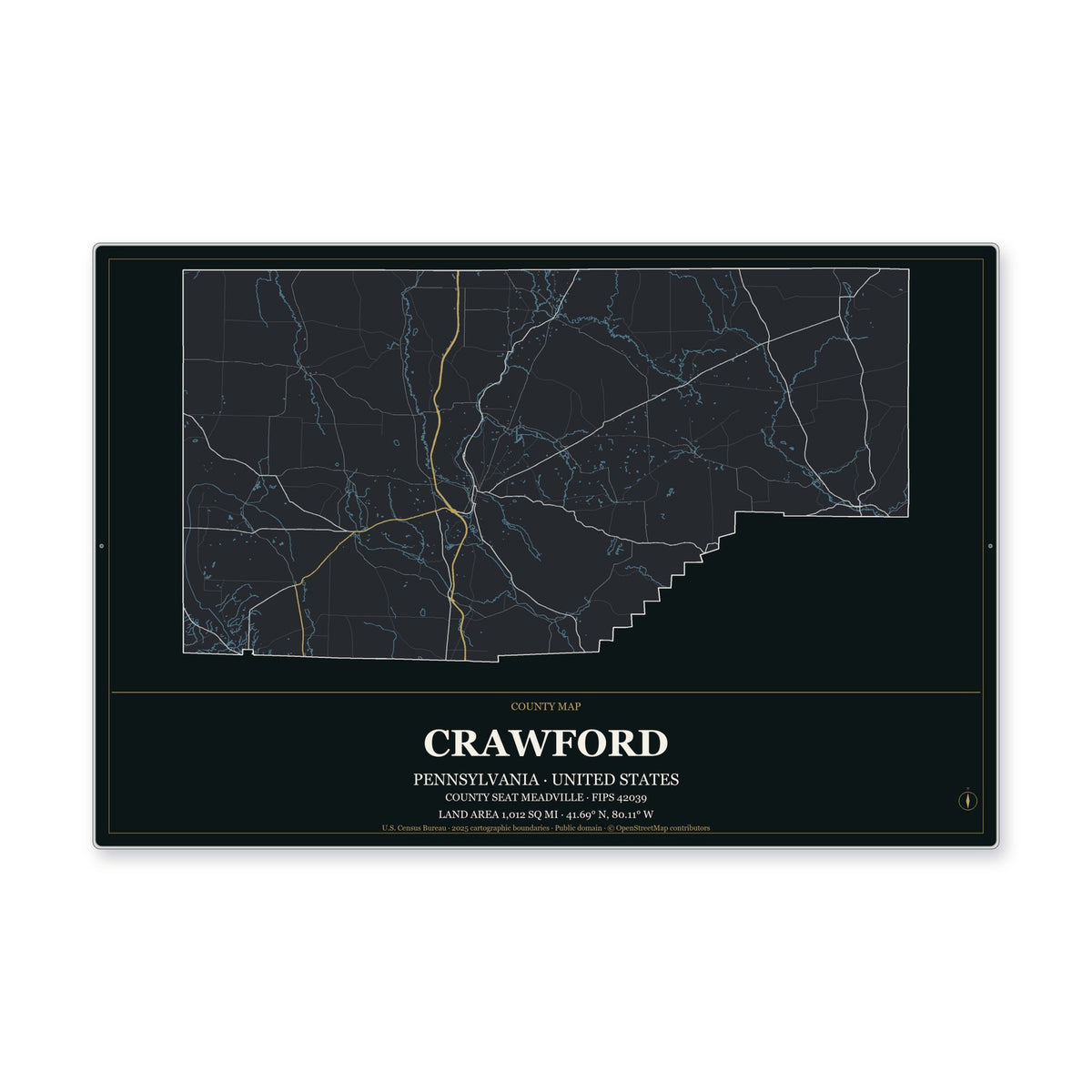Crawford County, Pennsylvania Map Aluminum Sign in Metropolitan Noir style