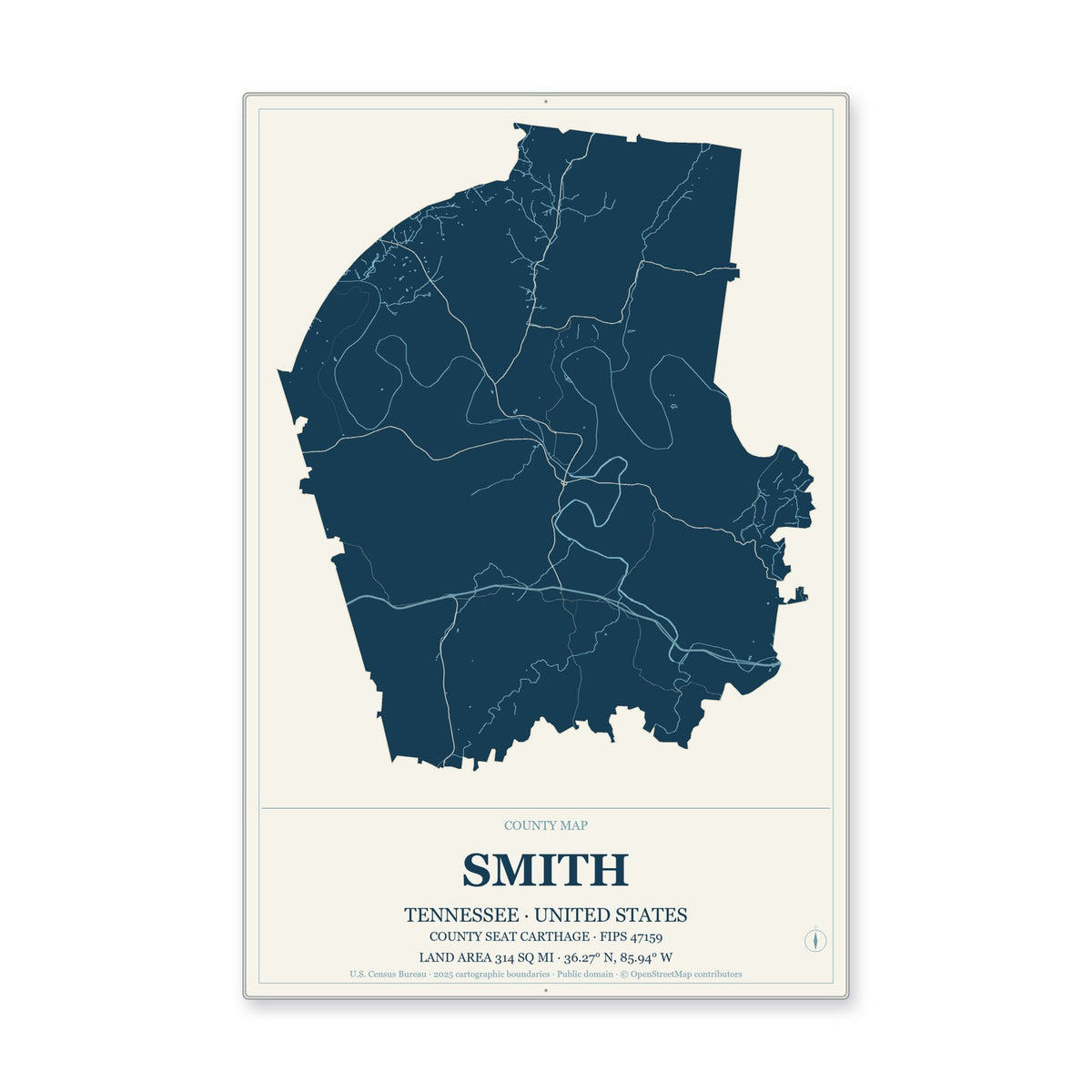 Smith County, Tennessee Map Aluminum Sign in Coastal Cutout style