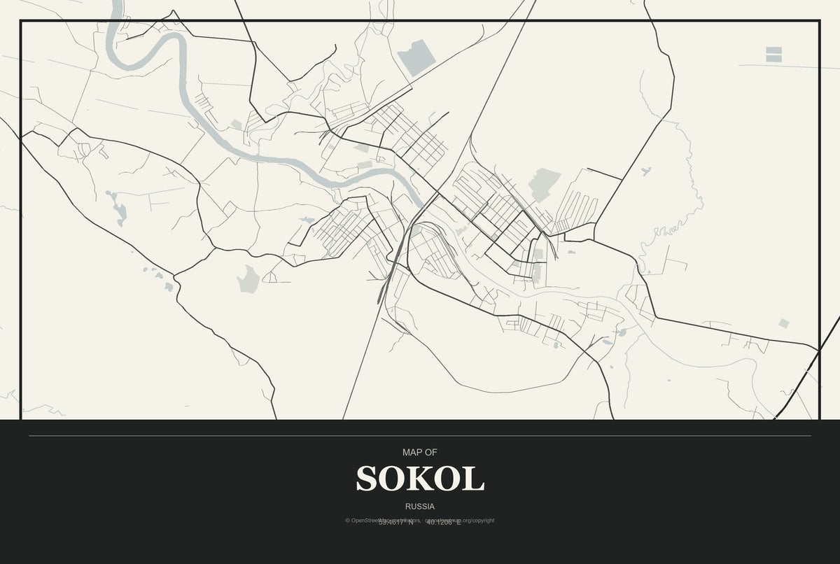 Sokol, Russia City Map Aluminum Sign in Museum Plaque style