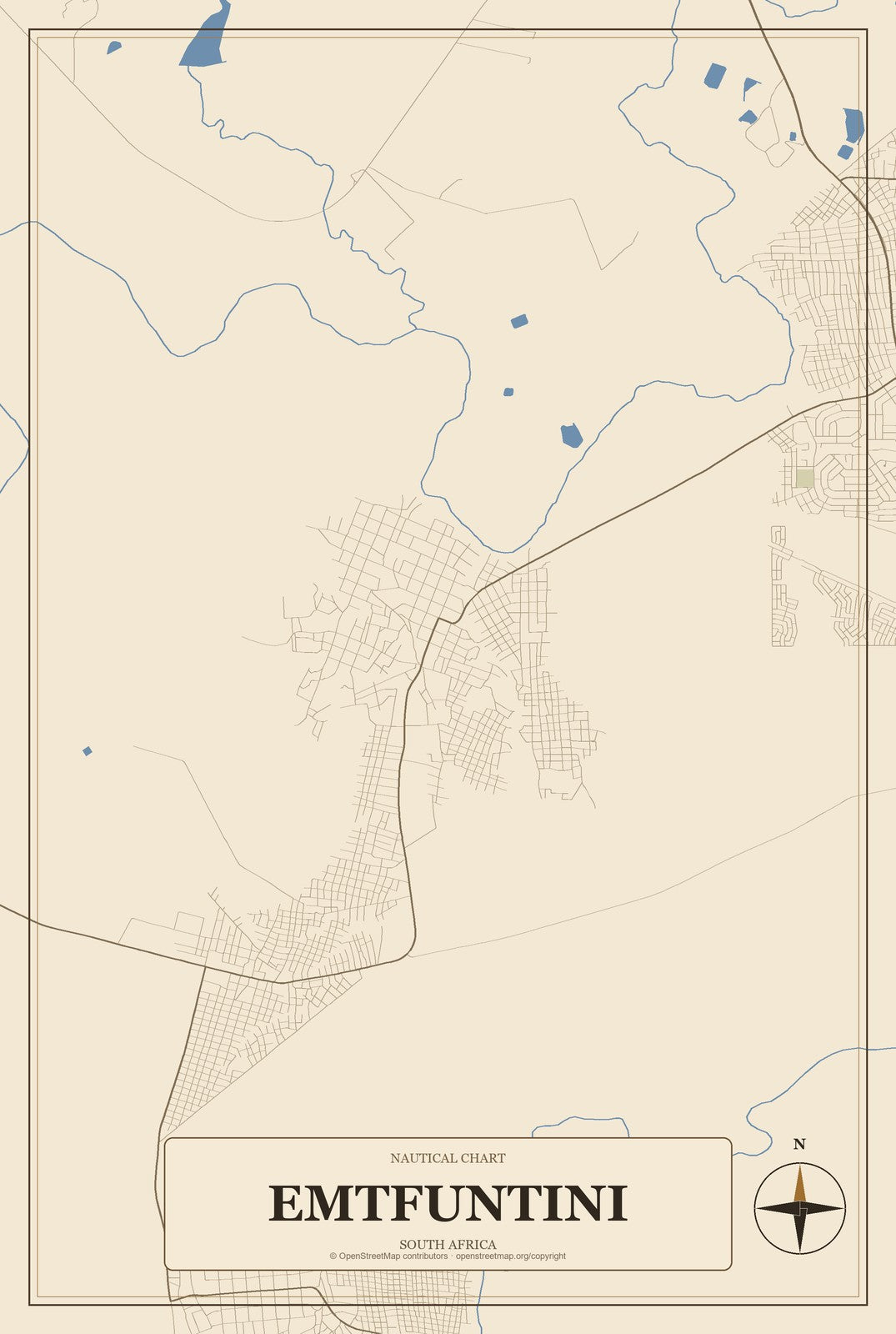 Emtfuntini, South Africa City Map Aluminum Sign in Heritage Nautical style