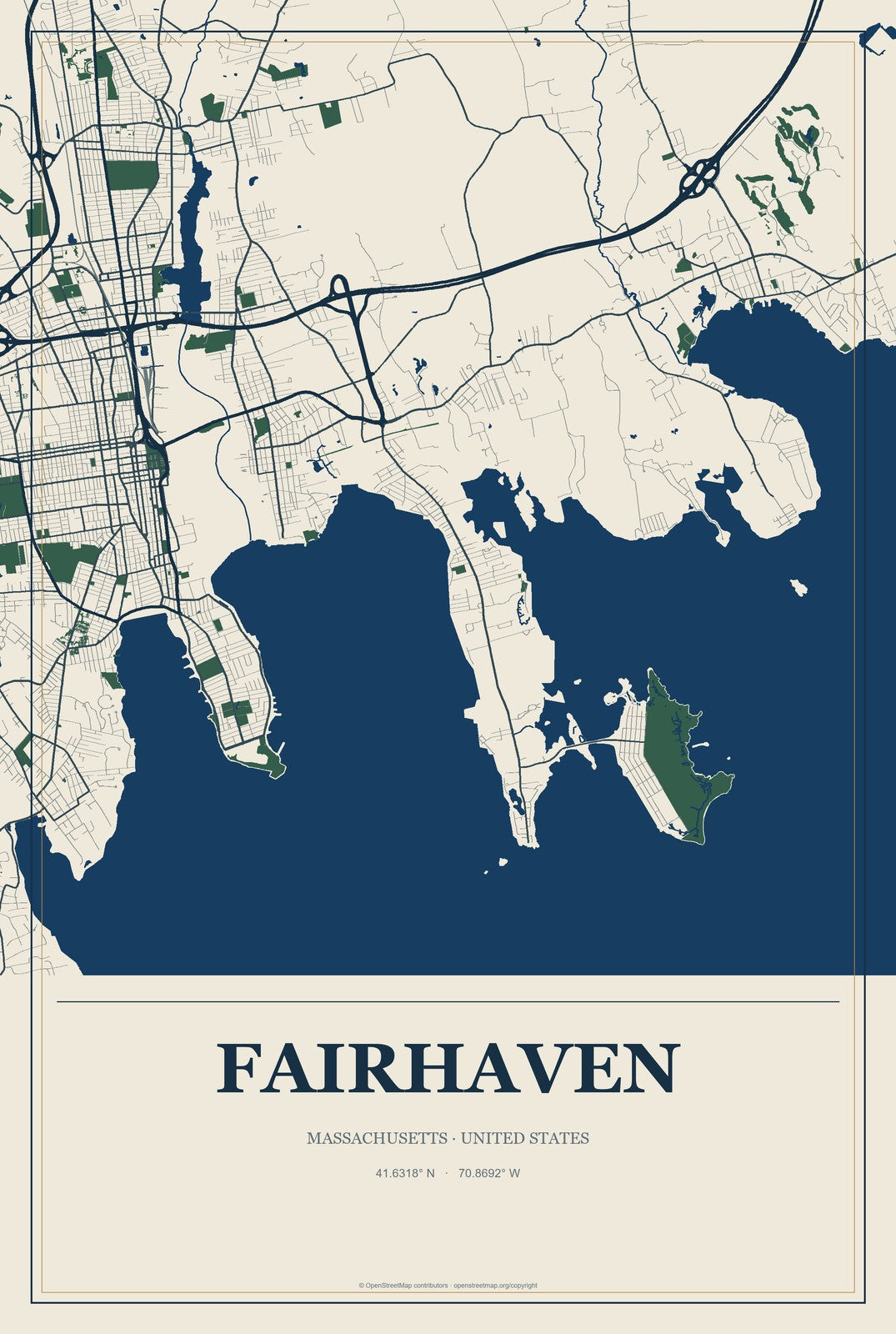 Fairhaven, Massachusetts City Map Aluminum Sign in Coastal Cutout style