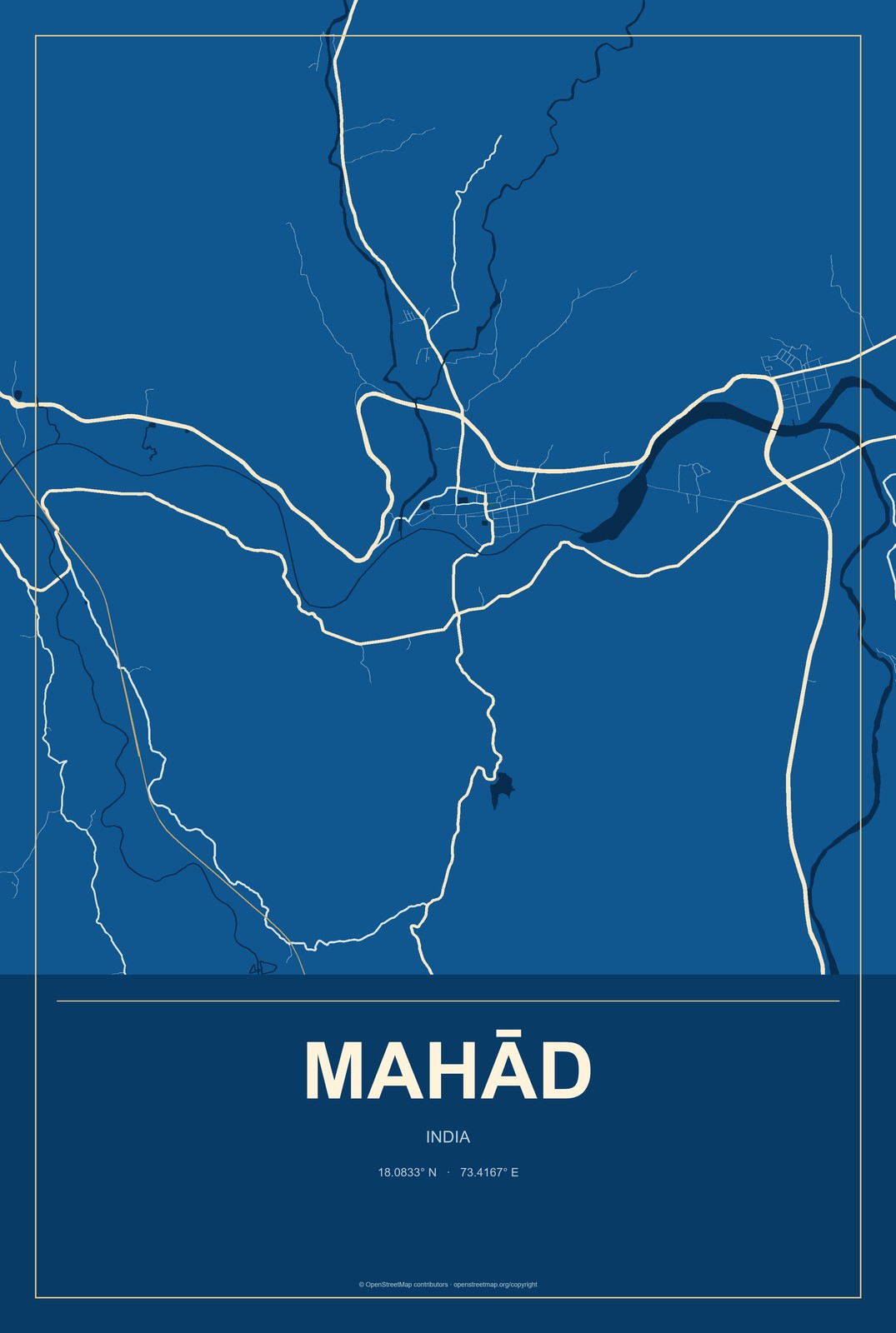 Mahād, India City Map Aluminum Sign in Harbor Cobalt style