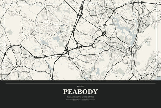 Peabody, Massachusetts City Map Aluminum Sign in Museum Plaque style