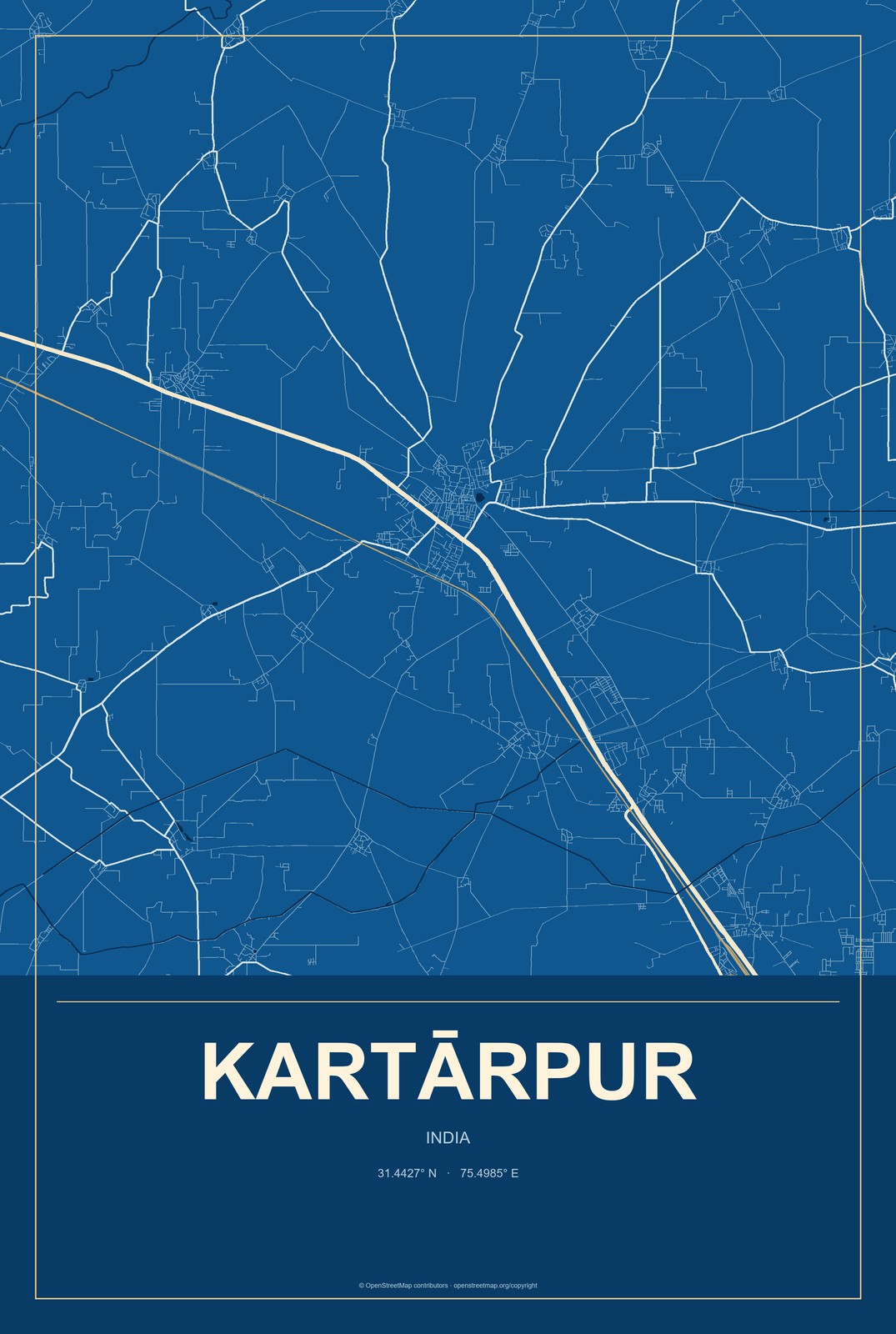Kartārpur, India City Map Aluminum Sign in Harbor Cobalt style