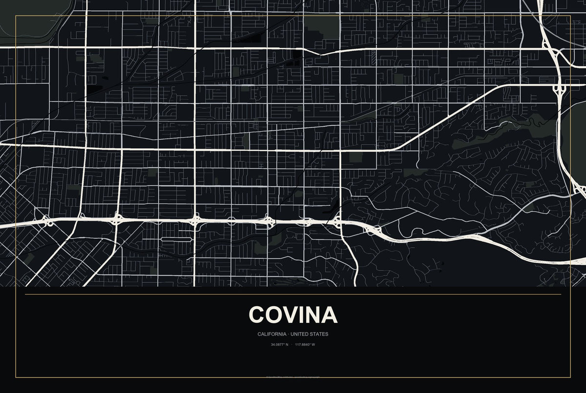 Covina, California City Map Aluminum Sign in Metropolitan Noir style