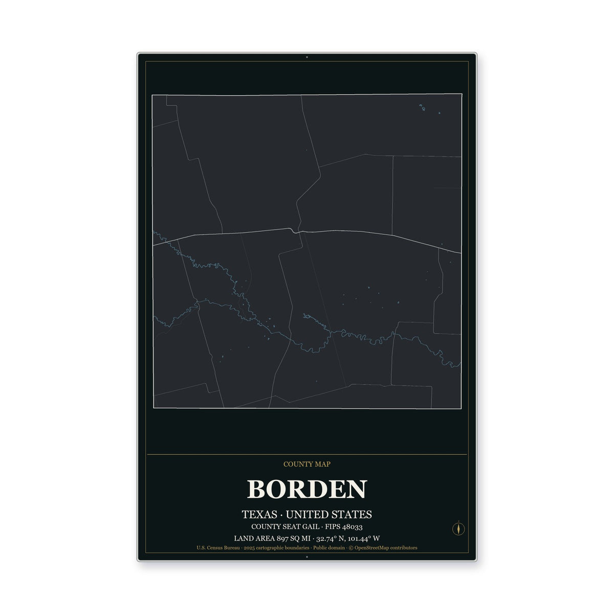 Borden County, Texas Map Aluminum Sign in Metropolitan Noir style