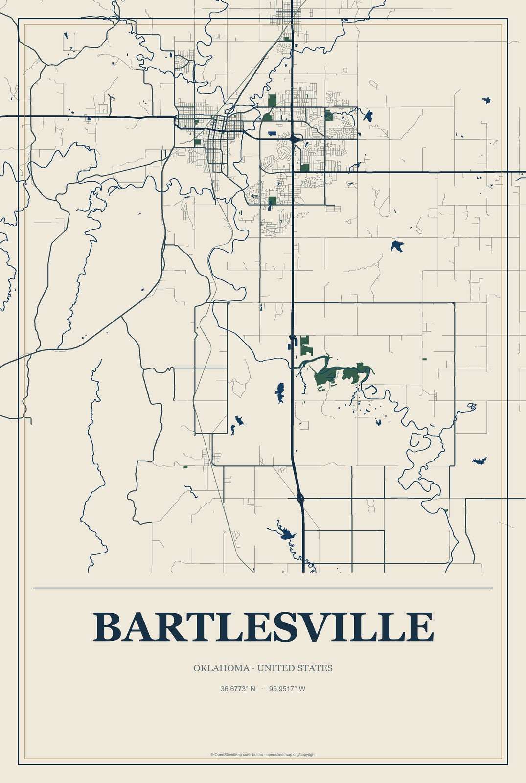 Bartlesville, Oklahoma City Map Aluminum Sign in Coastal Cutout style
