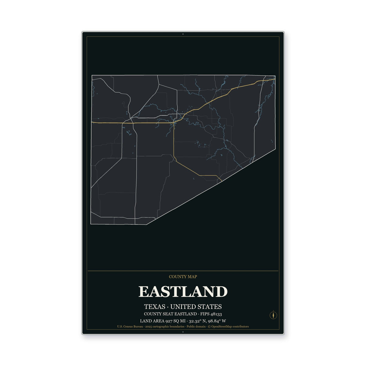 Eastland County, Texas Map Aluminum Sign in Metropolitan Noir style