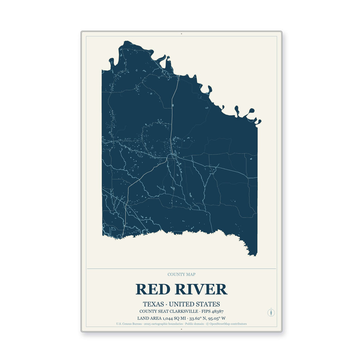 Red River County, Texas Map Aluminum Sign in Coastal Cutout style