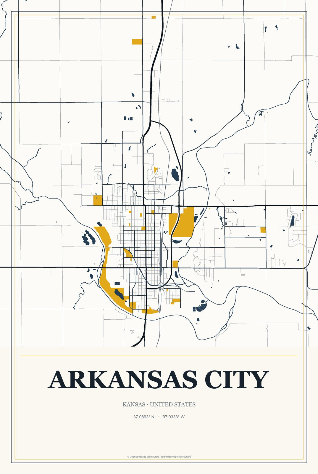 Arkansas City, Kansas City Map Aluminum Sign in Citrine Modern style