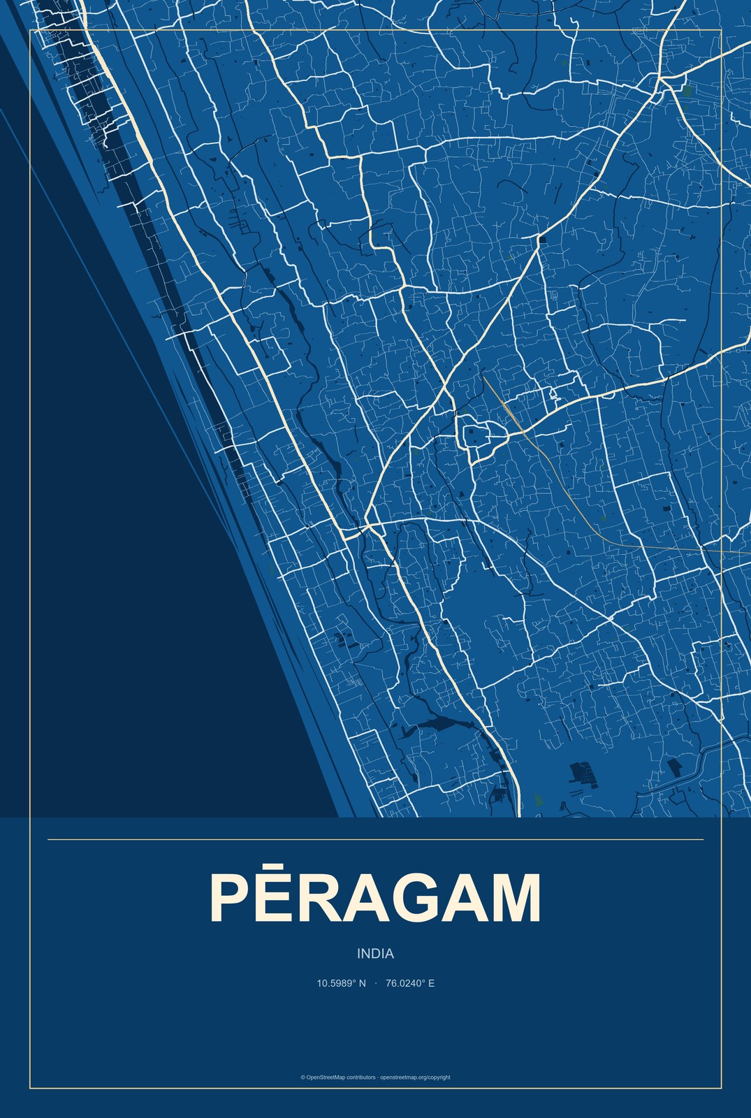 Pēragam, India City Map Aluminum Sign in Harbor Cobalt style