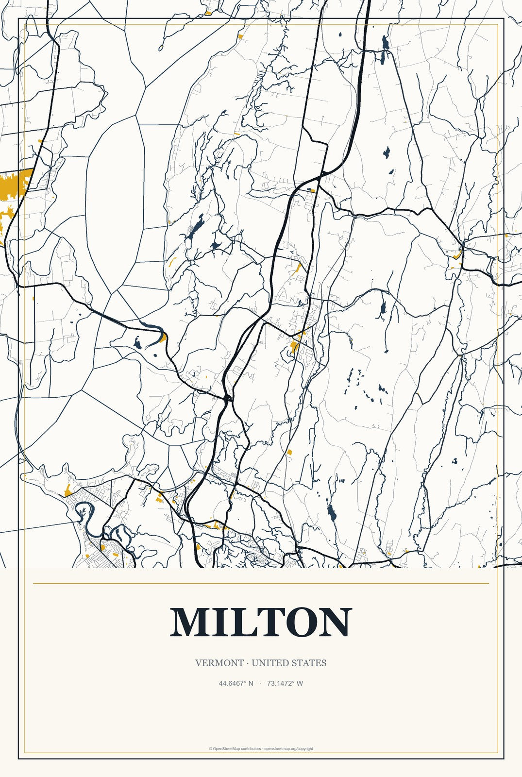 Milton, Vermont City Map Aluminum Sign in Citrine Modern style