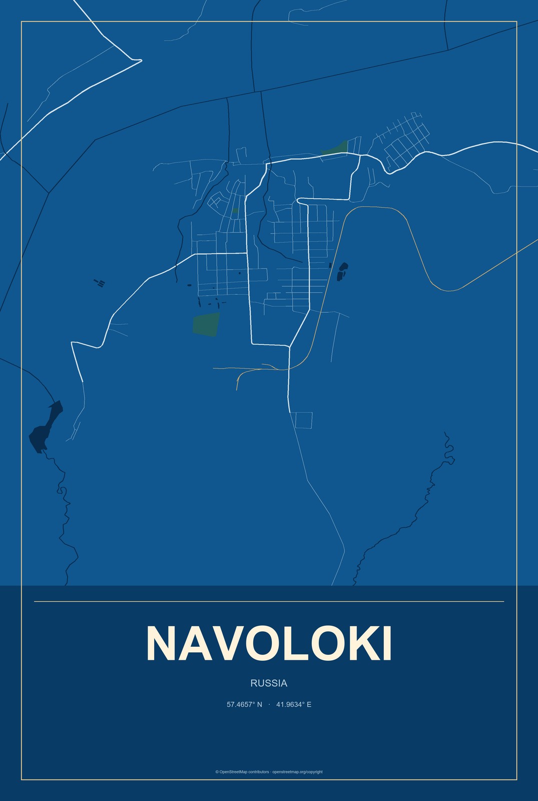 Navoloki, Russia City Map Aluminum Sign in Harbor Cobalt style