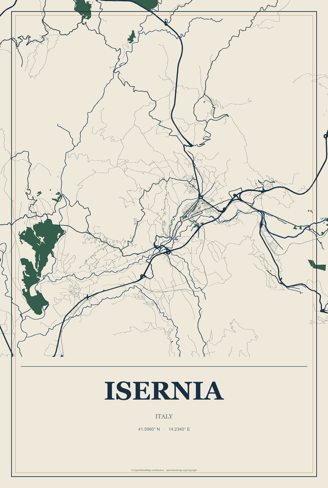Isernia, Italy City Map Aluminum Sign in Coastal Cutout style
