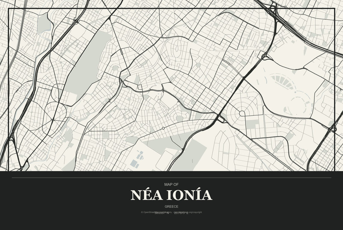 Néa Ionía, Attica, Greece City Map Aluminum Sign in Museum Plaque style