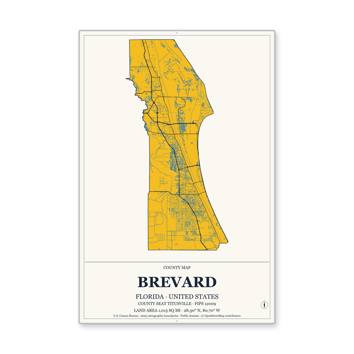Brevard County, Florida Map Aluminum Sign in Citrine Modern style