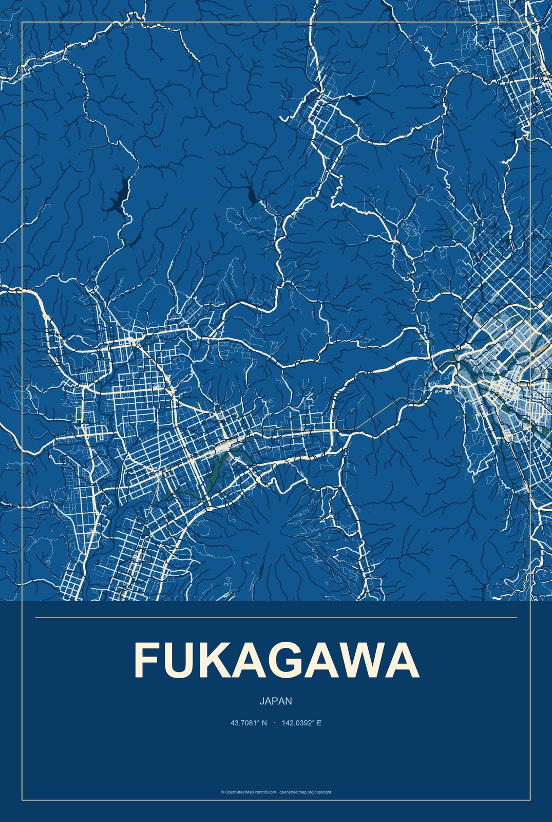 Fukagawa, Japan City Map Aluminum Sign in Harbor Cobalt style