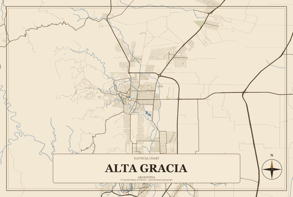 Alta Gracia, Argentina City Map Aluminum Sign in Heritage Nautical style